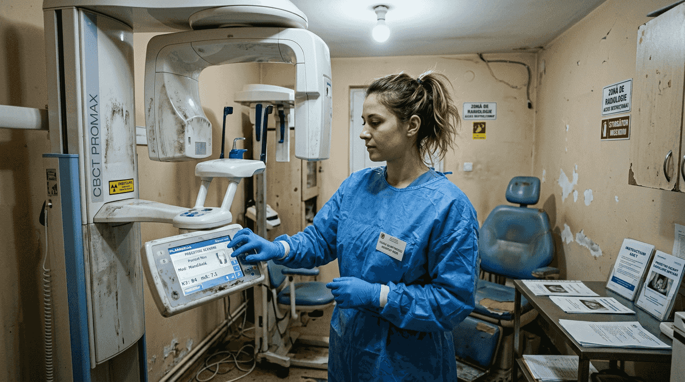 Asistenta stomatologică pregătește aparatul pentru tomografia computerizată 3D (CBCT).