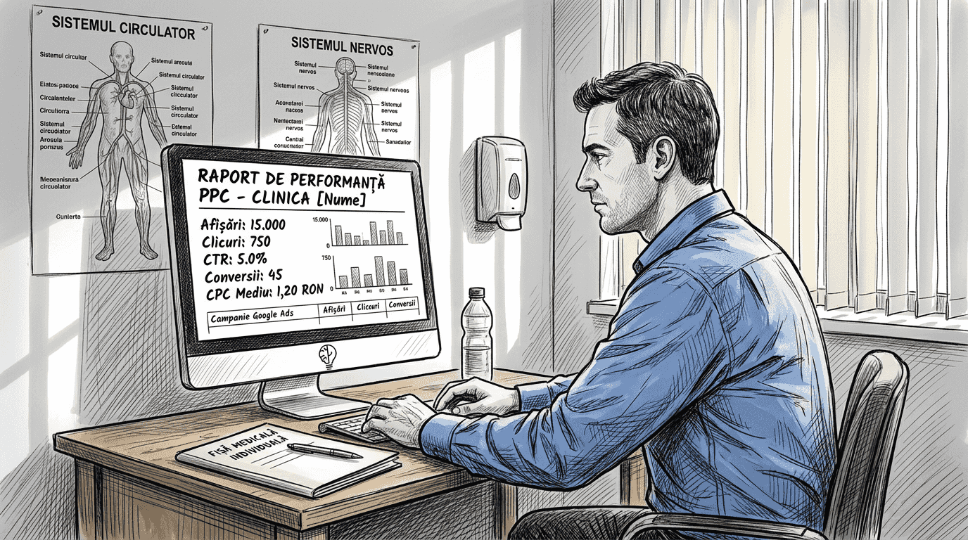Managerul clinicii analizează rezultatele campaniei de promovare online cu plată.