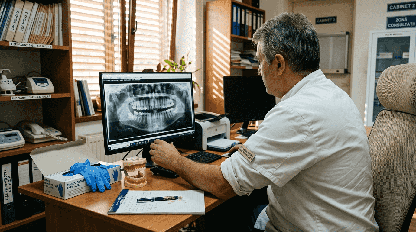 Medicul analizează radiografia panoramică pentru a stabili dacă pacientul este potrivit pentru implant.