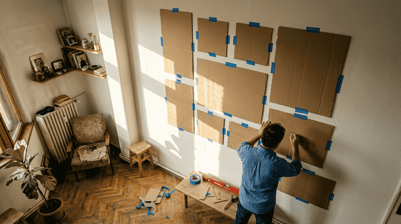 Idei de aranjare a tablourilor pe un perete mare, folosind șabloane