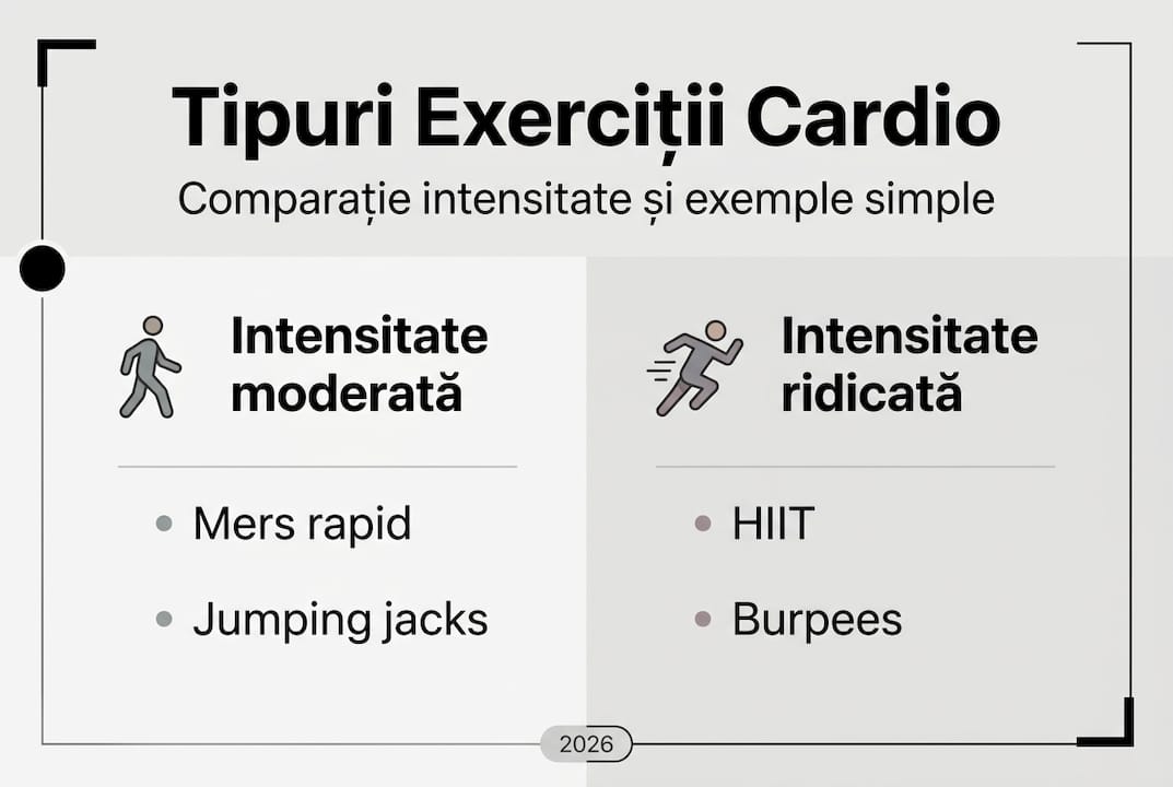 Infografic: cum poți face antrenamente cardio acasă – tipuri de exerciții și niveluri de dificultate