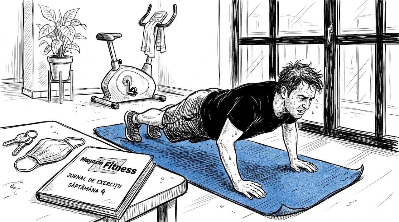 Un bărbat face exerciții burpees pe o saltea, chiar la el acasă.