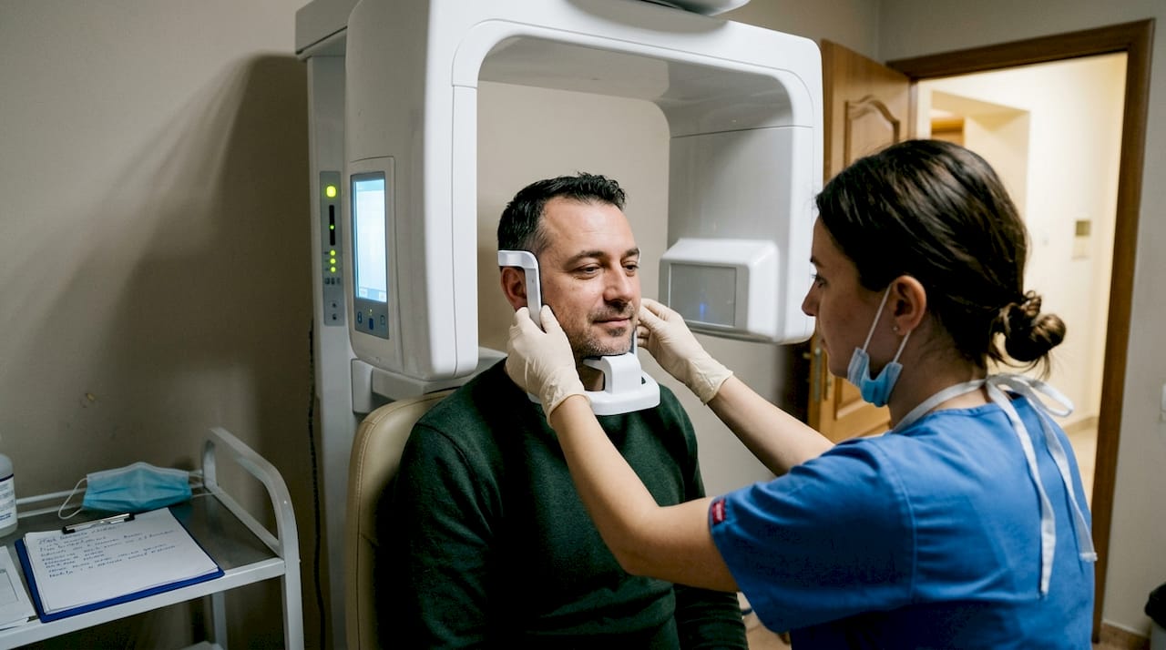 Tehnicianul ajustează poziția capului pacientului pentru efectuarea radiografiei.