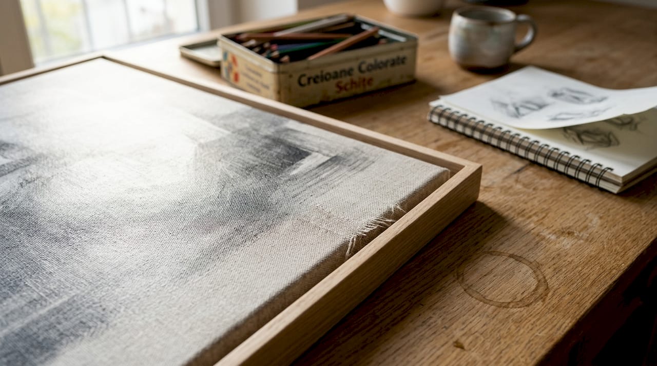 Detaliu de aproape al texturii pânzei, surprinzând elemente de pe birou