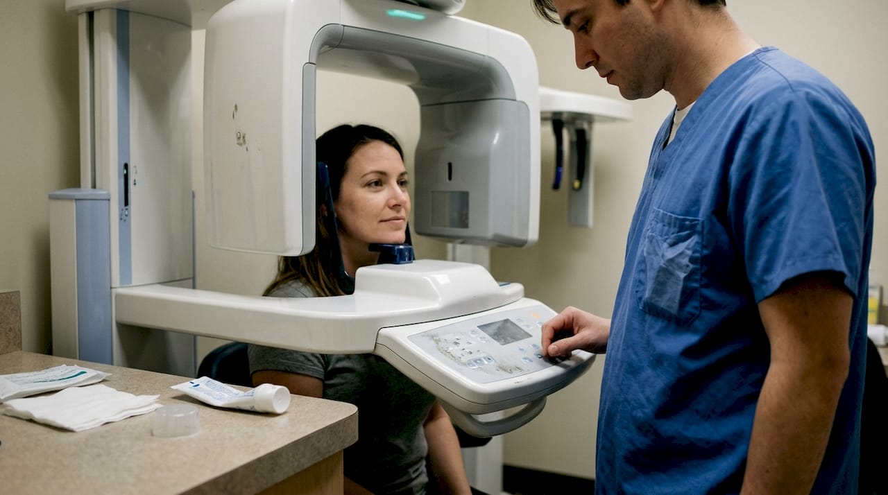 Pacienta a fost așezată corect în poziție pentru efectuarea scanării CBCT.