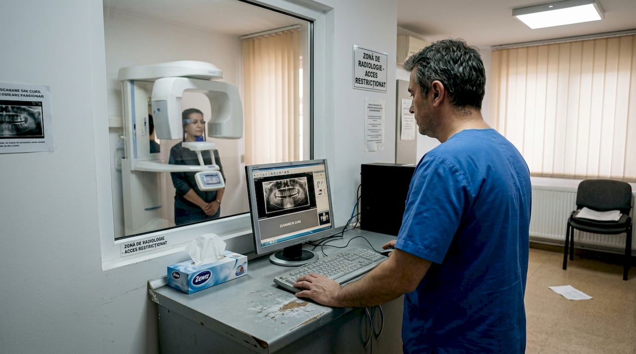 Tehnicianul monitorizează procesul de scanare panoramică digitală cu raze X.
