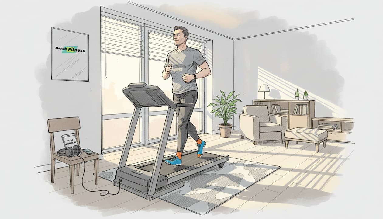 Bărbat care aleargă corect pe o bandă de alergare, respectând tehnica potrivită