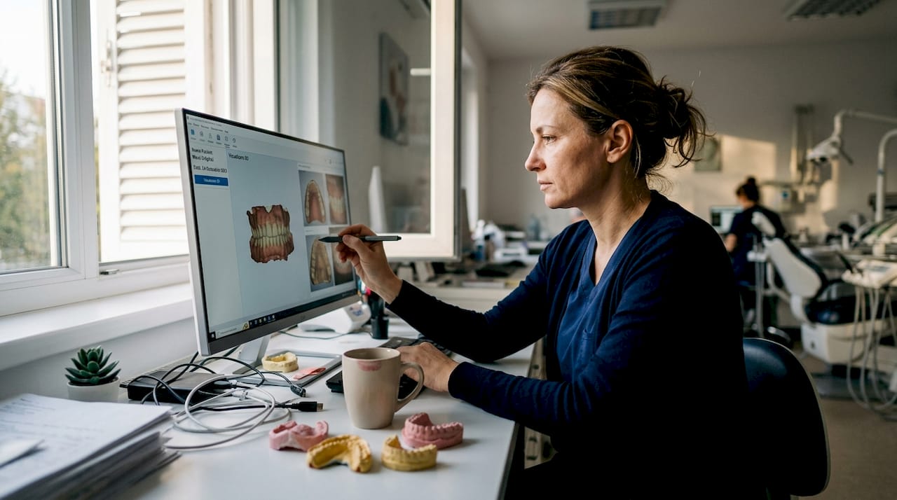 Medic stomatolog analizând pe monitor o scanare dentară 3D