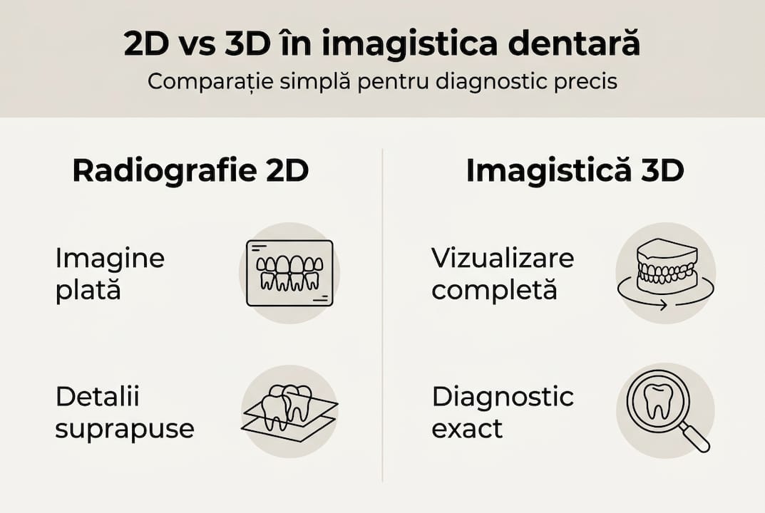 Infografic: Comparație între radiografia dentară 2D și cea 3D