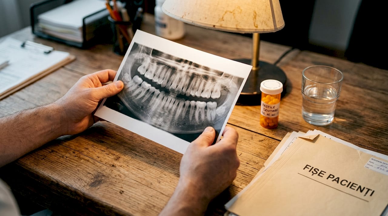 Radiografia dentară este examinată cu atenție pe masă, fiecare detaliu fiind analizat cu grijă.