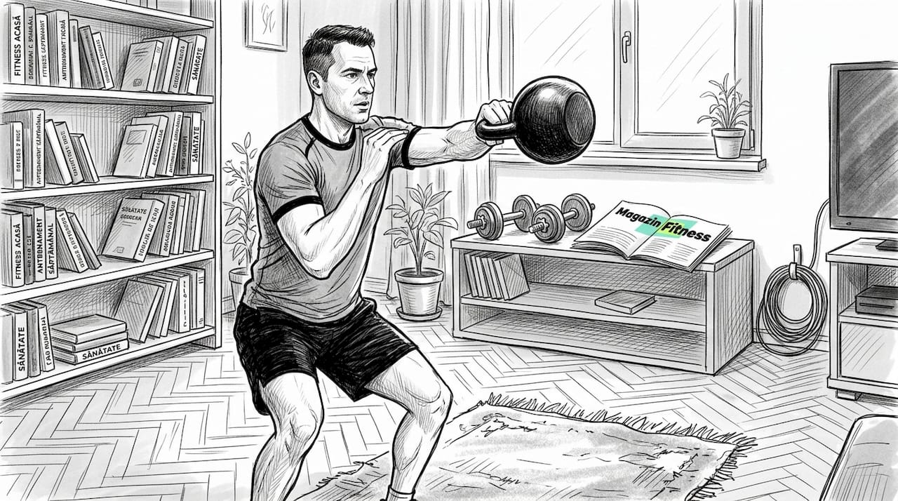 Un bărbat se antrenează acasă cu o kettlebell