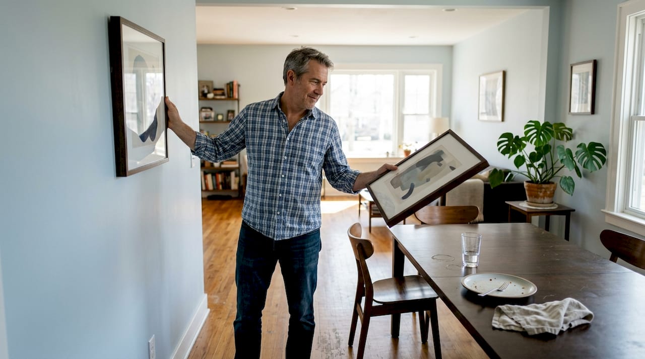 Un bărbat analizează o ramă cu tablou pentru a vedea dacă se potrivește cu decorul din sufragerie.