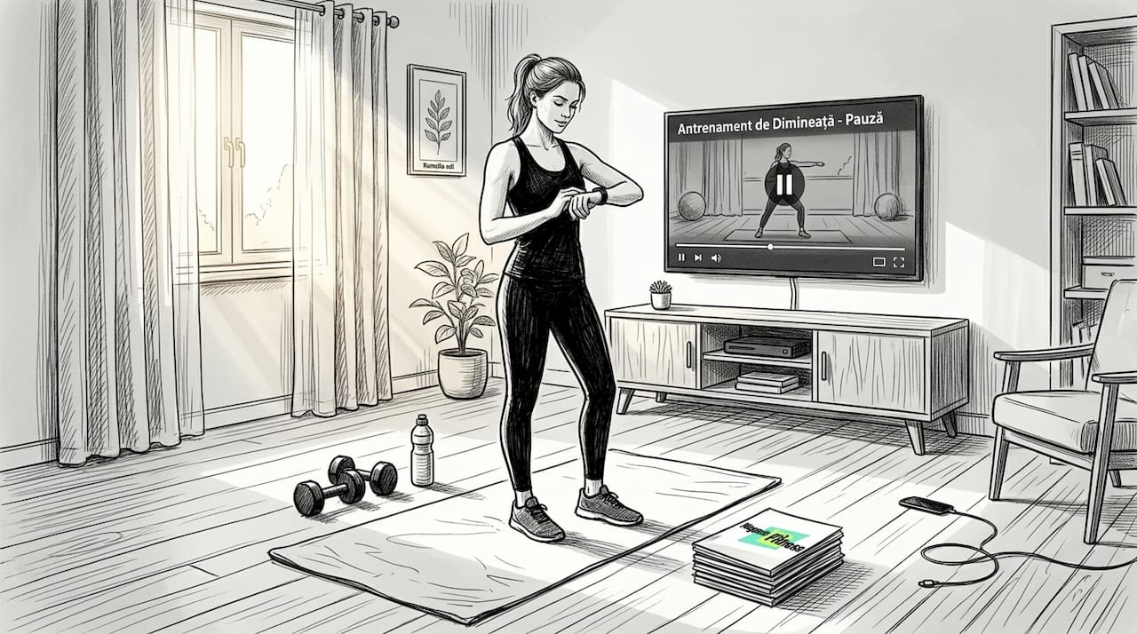 Femeie care își monitorizează antrenamentul acasă cu ajutorul unei brățări de fitness