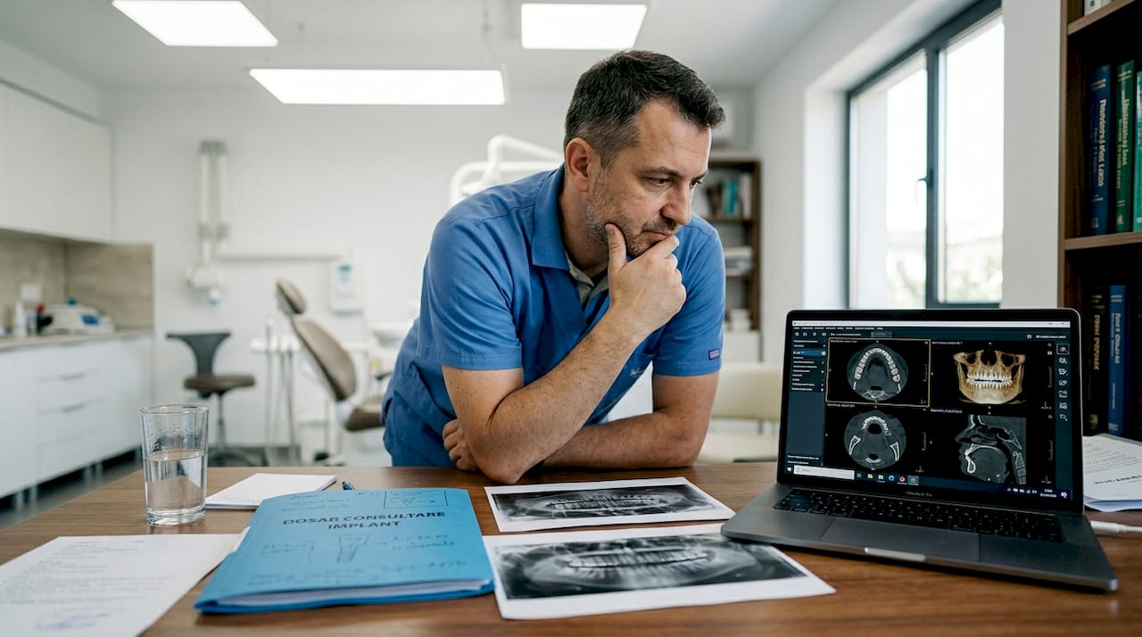 Medicul specialist analizează imagini CBCT dentare comparativ cu radiografiile clasice.