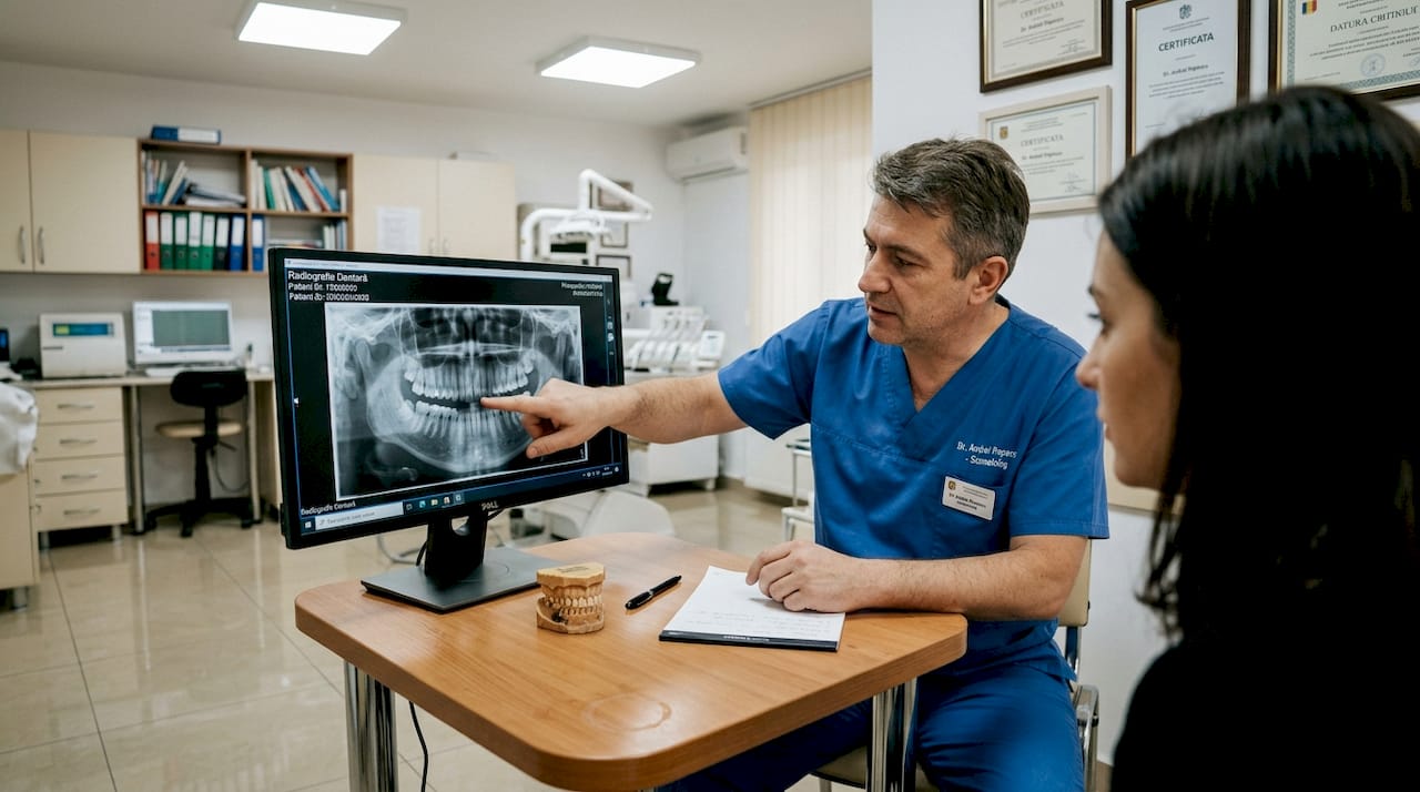 Medicul stomatolog discută cu pacientul despre rezultatele investigațiilor imagistice dentare.