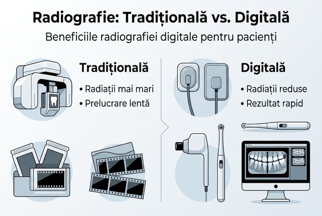 Infografic: diferențele dintre radiografia dentară digitală și metodele tradiționale