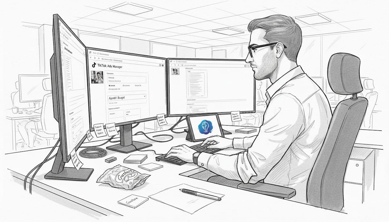 Un specialist în marketing analizează bugetul pentru reclamele TikTok, concentrat la birou, încercând să găsească soluții pentru eficientizarea campaniilor.