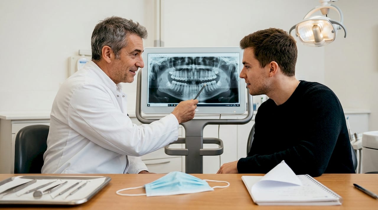 Medicii îi arată pacientului radiografia dentară și îi explică ce se vede pe imagine, astfel încât să înțeleagă exact care este situația dinților săi.