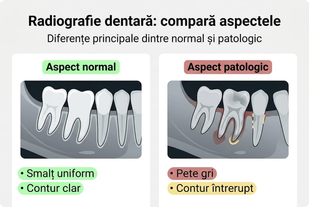 Infografic: comparație între radiografia sănătoasă și cea cu modificări patologice