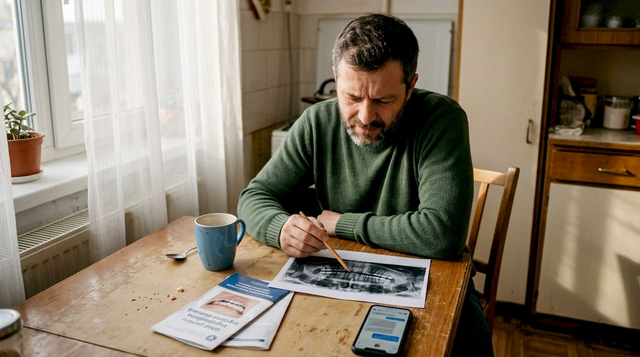 Un bărbat analizează acasă o radiografie dentară, încercând să înțeleagă mai bine situația dinților săi.