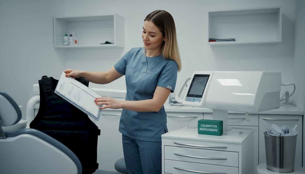 Asistenta se asigură că vesta de protecție cu plumb este corect poziționată înainte de efectuarea radiografiei.