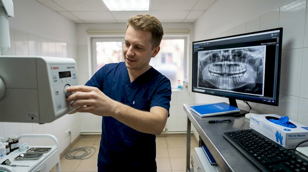 Tehnicianul pregătește aparatul digital pentru radiografii dentare.