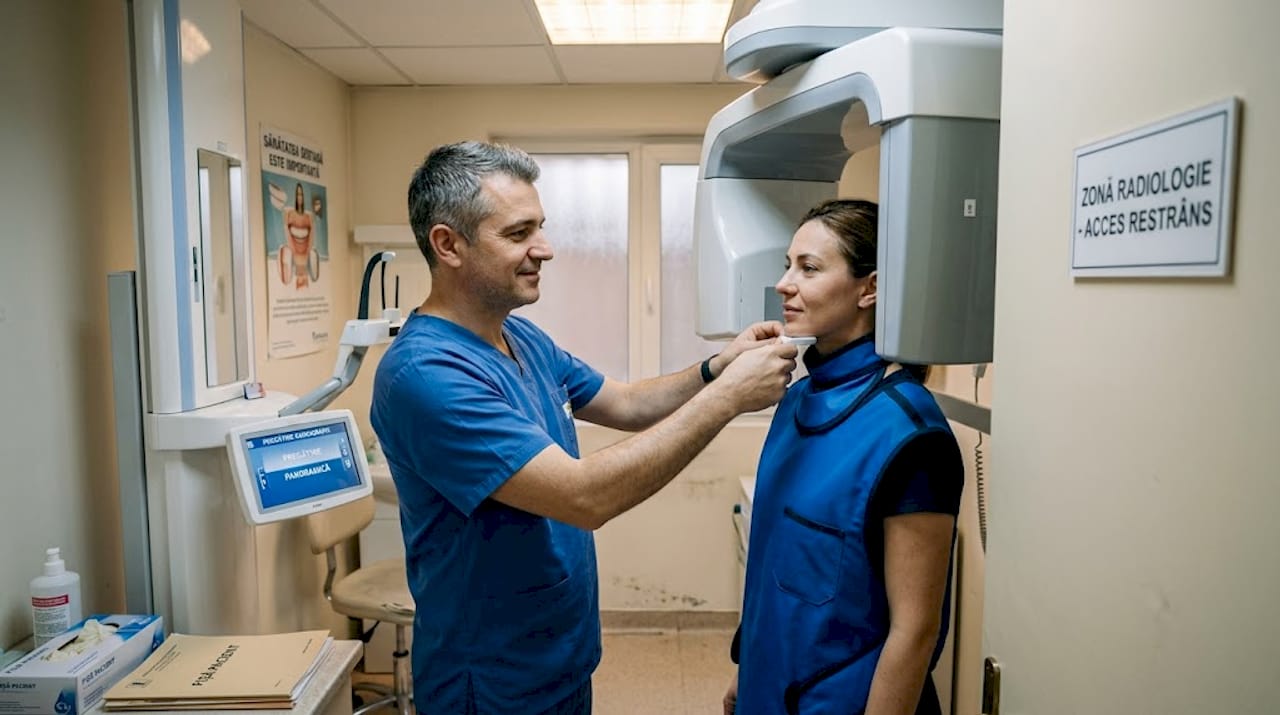 Tehnicianul se pregătește să realizeze o radiografie panoramică dentară.