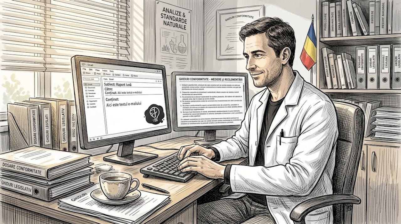 Un medic analizează la birou normele de conformitate pentru a se asigura că toate procedurile sunt respectate corect.
