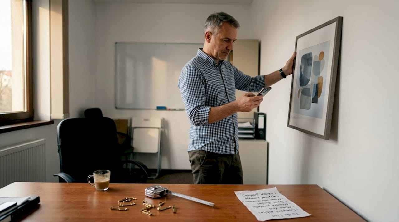 Un bărbat analizează cum se potrivește un tablou pe peretele biroului.