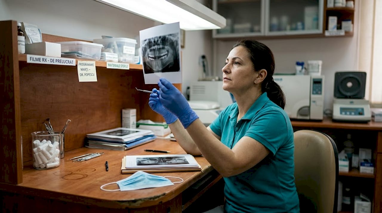Asistenta stomatologică analizează o radiografie retroalveolară pentru a verifica starea dinților pacientului.