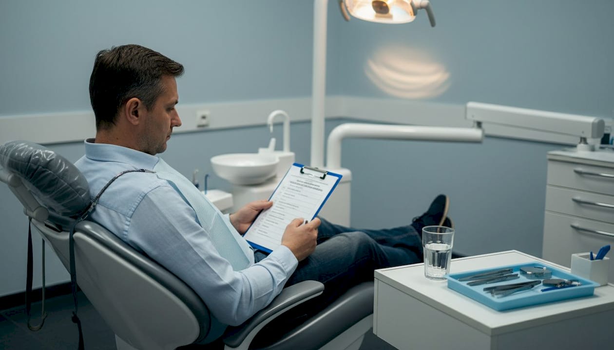 Pacientul verifică lista cu informații înainte de a face o radiografie dentară.