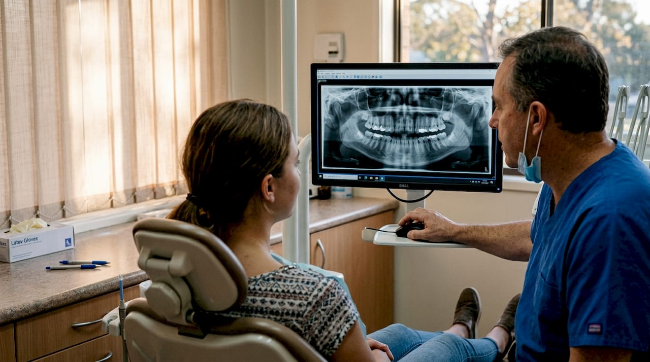 Medicul discută cu pacientul în timp ce analizează împreună radiografia panoramică.