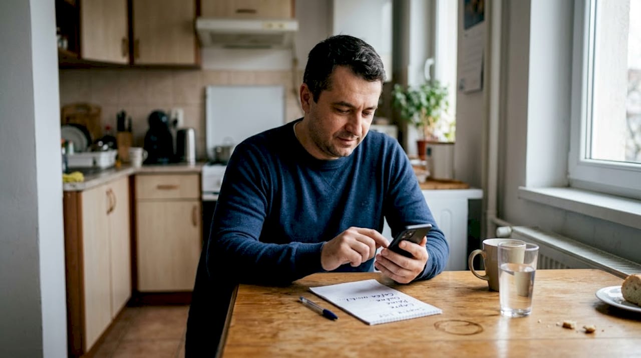 Un bărbat bifează punctele de pe lista de verificare înainte de radiografie