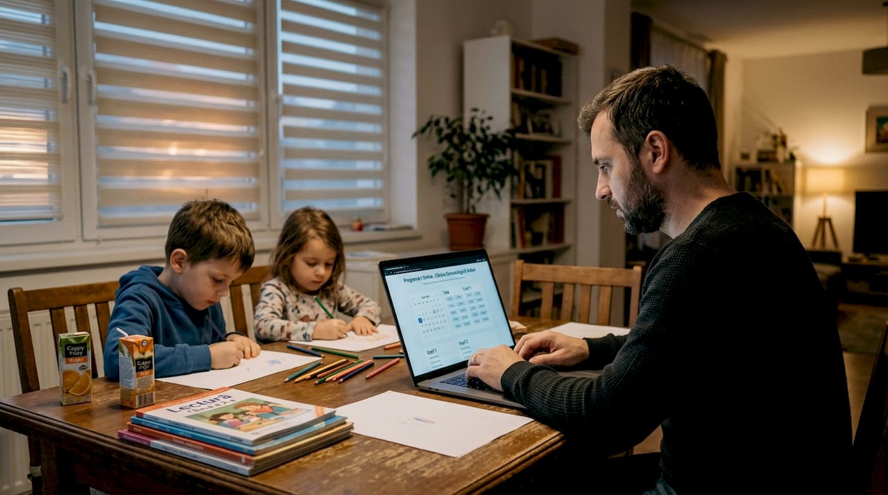 Un tată își programează vizitele la stomatolog, în timp ce copiii lui desenează liniștiți pe lângă el.