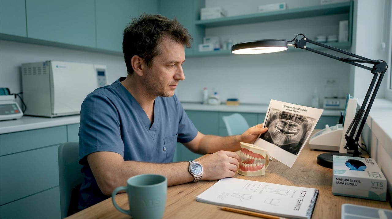 Tehnicianul analizează o radiografie dentară și un mulaj al danturii, comparând datele pentru o evaluare cât mai precisă.