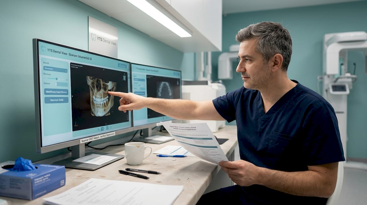 Tehnicianul analizează și interpretează rezultatele unei tomografii dentare CBCT.