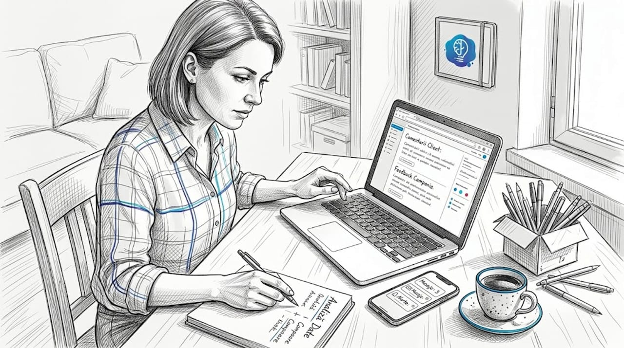 O femeie &icirc;și citește recenziile primite online, relaxată acasă.
