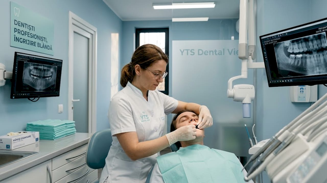 Asistentul poziționează senzorul digital pentru radiografia dentară