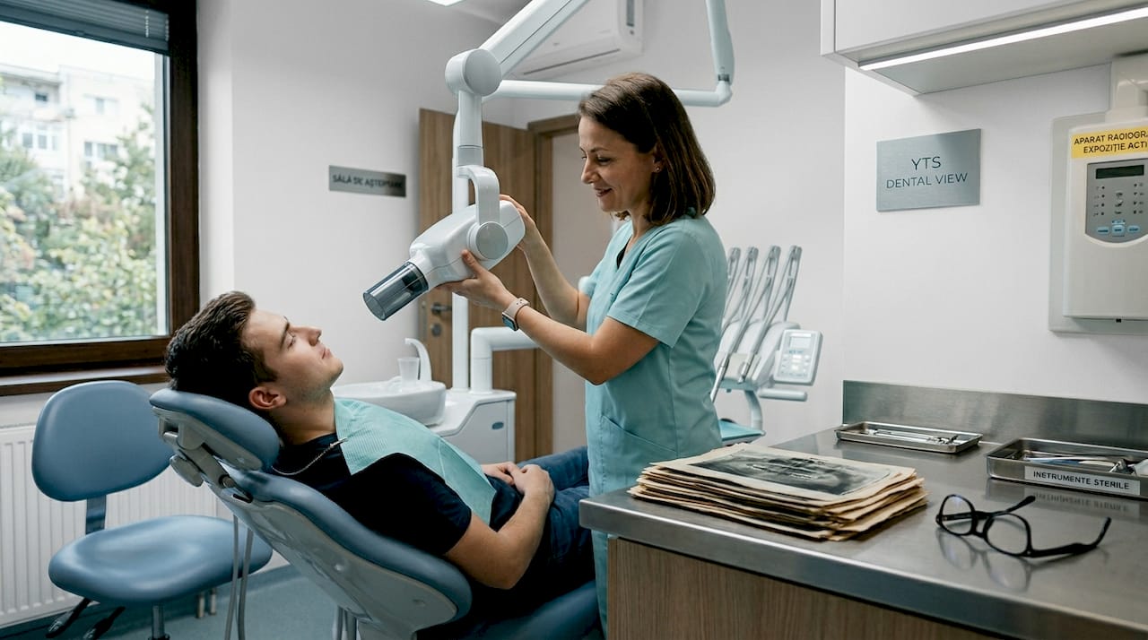 Pacientul este gata pentru efectuarea radiografiei dentare.