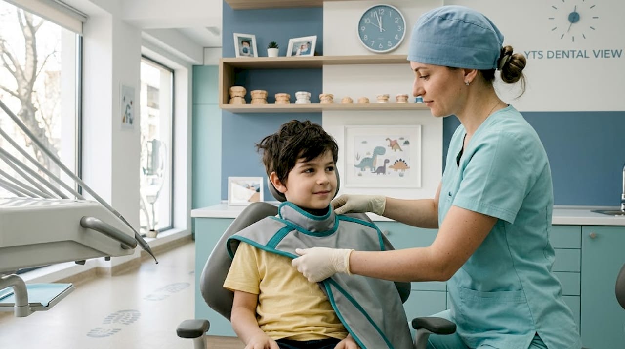 Copil gata pentru efectuarea unei radiografii dentare