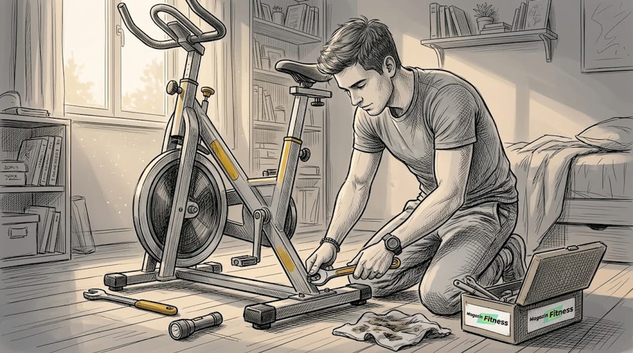 Un bărbat își repară bicicleta de fitness acasă, strângând un șurub ca să o pună din nou în funcțiune.
