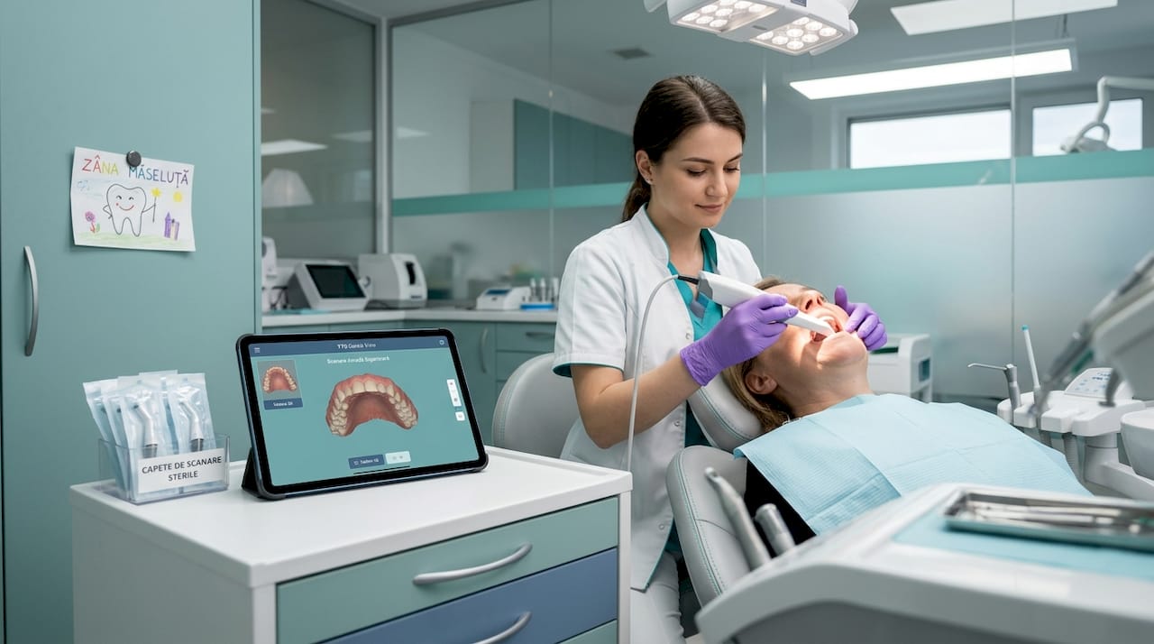 Asistentul folosește un scanner intraoral pentru a obține imagini detaliate ale danturii.