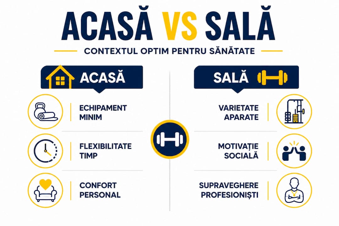 Infografic: care sunt diferențele dintre antrenamentul acasă și cel la sală