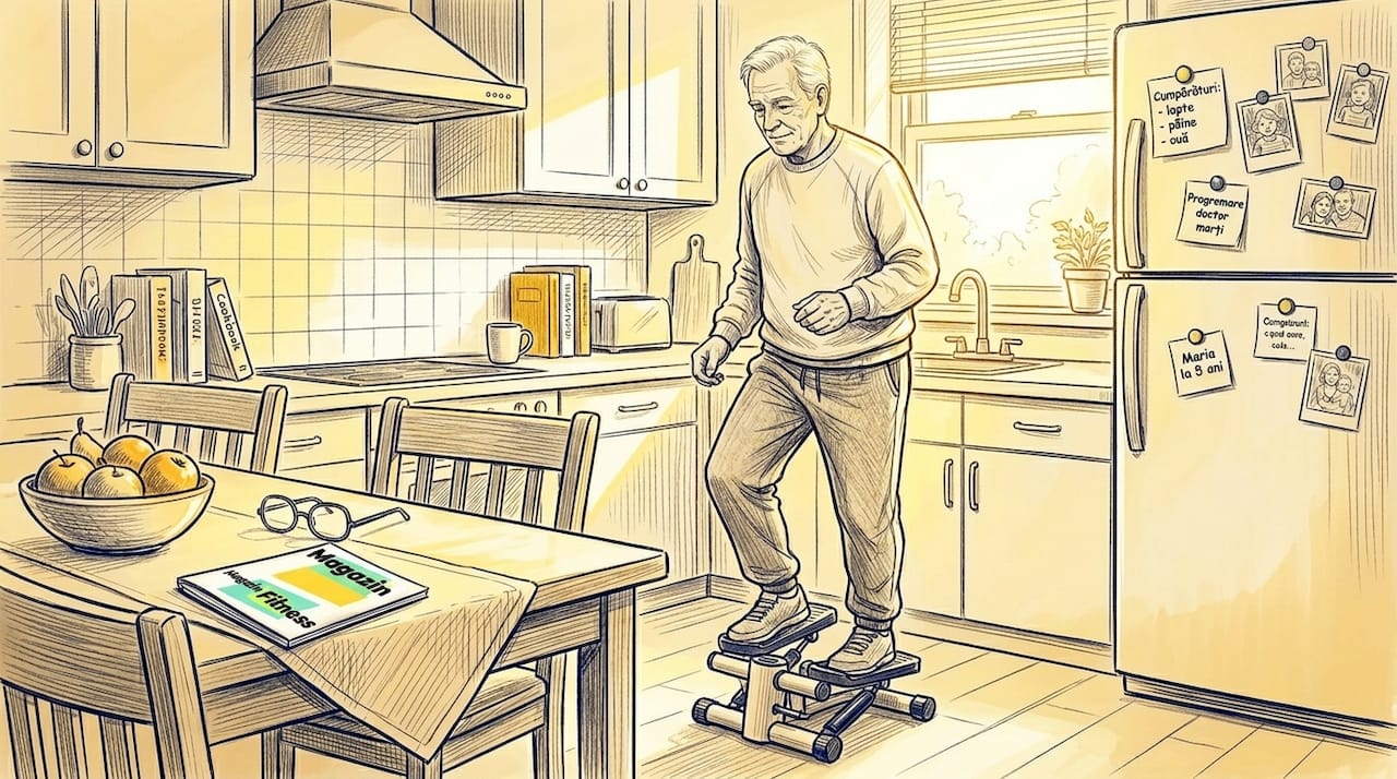 Un senior face exerciții pe stepper în bucătărie.