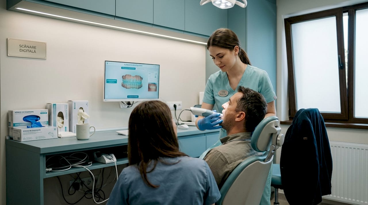 Asistenta stomatologică folosește un scanner intraoral pentru a preleva amprenta digitală a danturii pacientului.