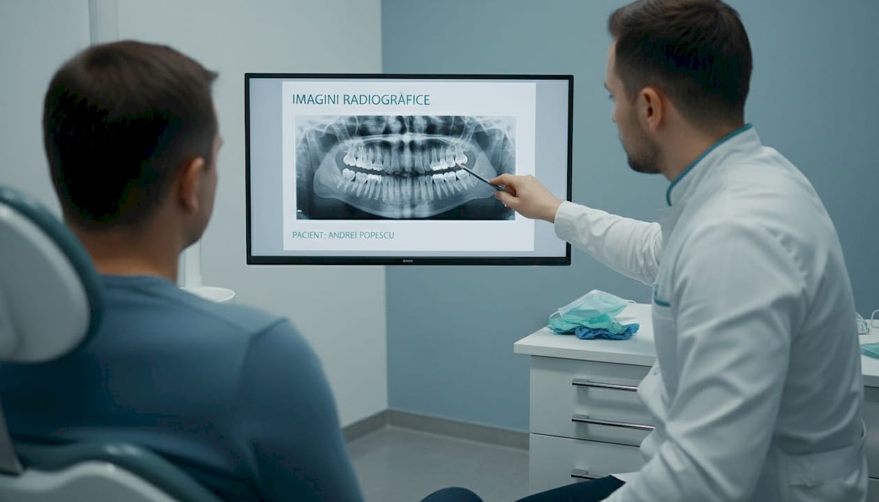 Medicul stomatolog îi arată și îi explică pacientului radiografiile dentare, direct în cabinet, pentru ca acesta să înțeleagă exact situația și opțiunile de tratament.