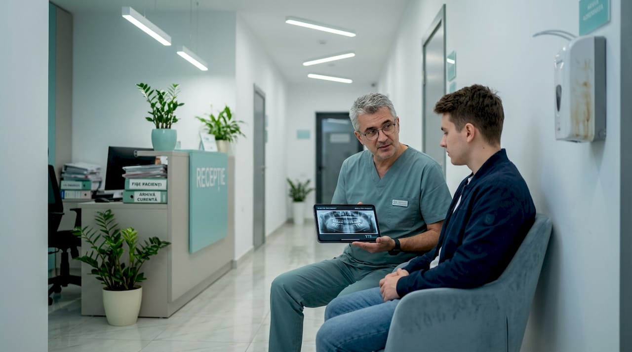 Medicul stomatolog discută cu pacientul despre rezultatele radiografiei, explicându-i ce se vede pe imagine și ce pași urmează pentru tratament, într-un cadru profesionist, în cabinetul stomatologic.
