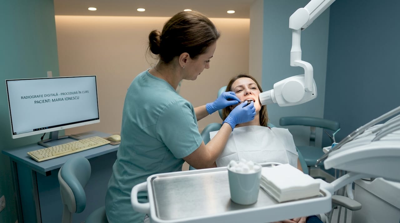 Tehnicianul poziționează senzorul digital pentru radiografia dentară