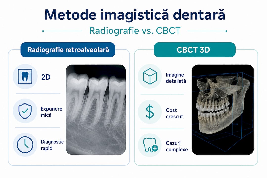Infografic: Radiografia retroalveolară versus CBCT – comparație între metode