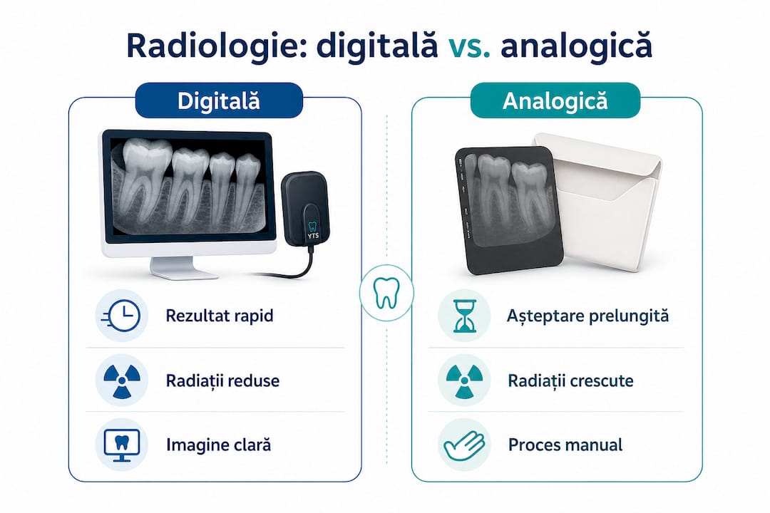 Infograficul prezintă diferențele dintre radiologia dentară digitală și cea analogică